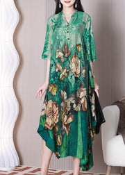 Fashion Green V Neck Oversized Print Silk A Line Dress Half Sleeve