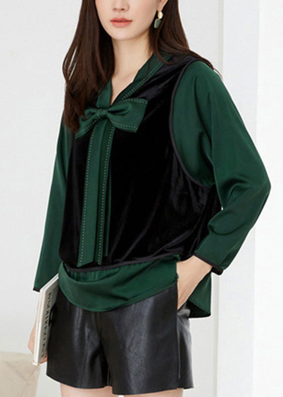 Fashion Green V Neck Patchwork Bow Velour Tops Spring