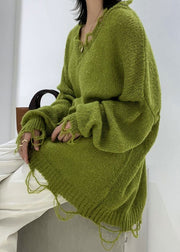 Fashion Green V Neck Ripped Ma Hai Mao Knit Sweaters Winter