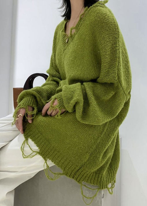 Fashion Green V Neck Ripped Ma Hai Mao Knit Sweaters Spring