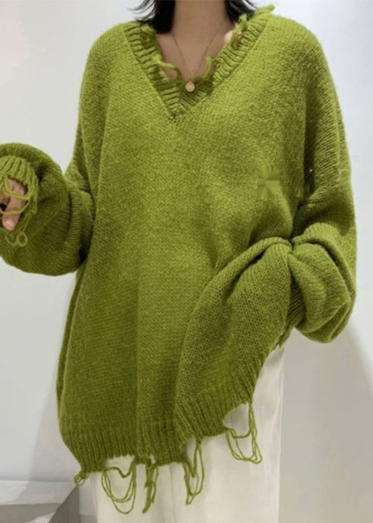 Fashion Green V Neck Ripped Ma Hai Mao Knit Sweaters Spring