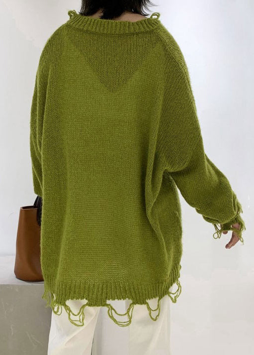 Fashion Green V Neck Ripped Ma Hai Mao Knit Sweaters Winter