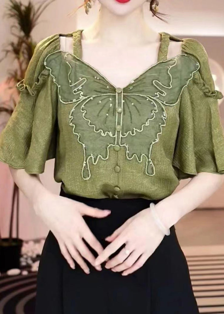 Fashion Green V Neck Ruffled Patchwork Hollow Out Shirt Summer