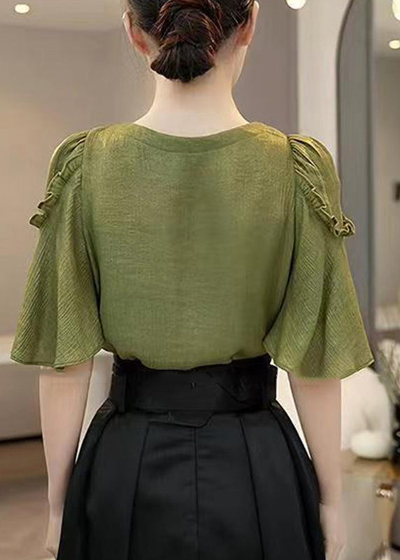 Fashion Green V Neck Ruffled Patchwork Hollow Out Shirt Summer