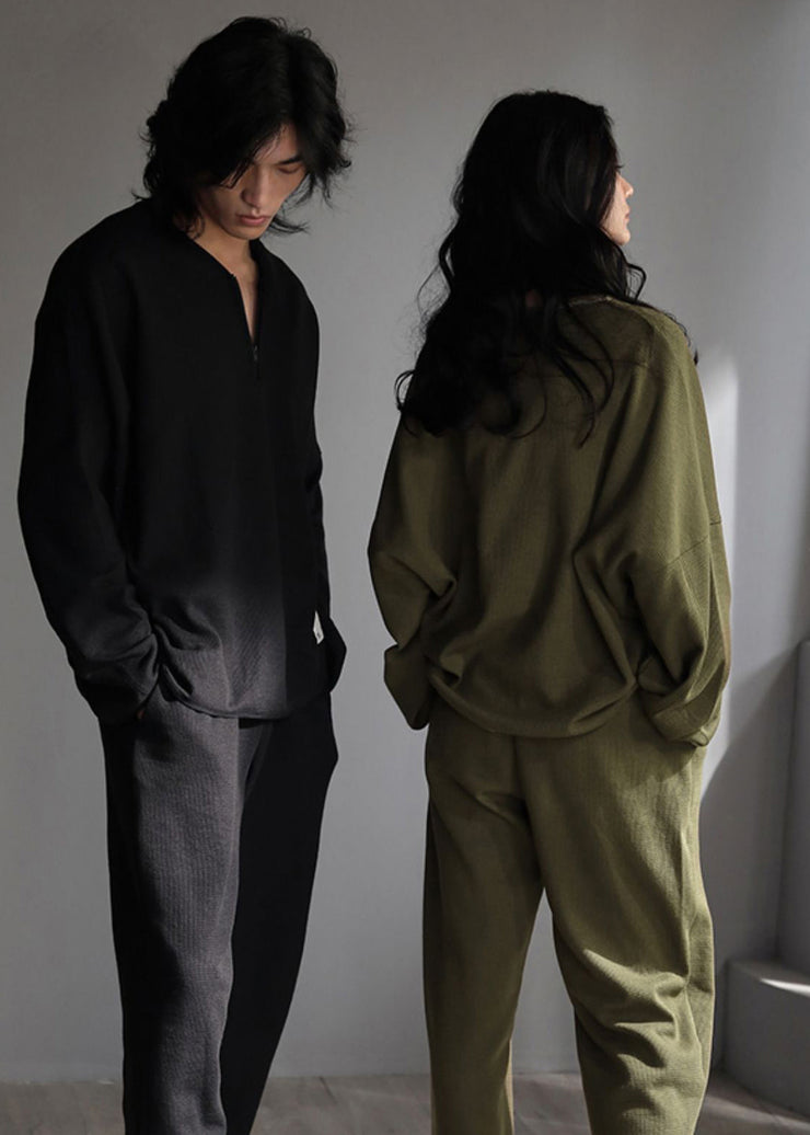 Fashion Green V Neck Zippered Solid Couple Pajamas Two Piece Set Spring