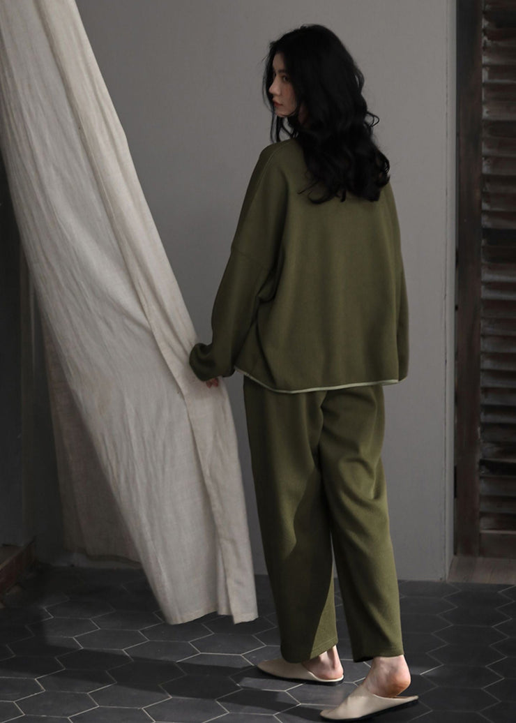 Fashion Green V Neck Zippered Solid Couple Pajamas Two Piece Set Spring