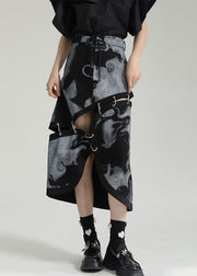 Fashion Grey Asymmetrical Print Pockets Patchwork Cotton Skirt Fall