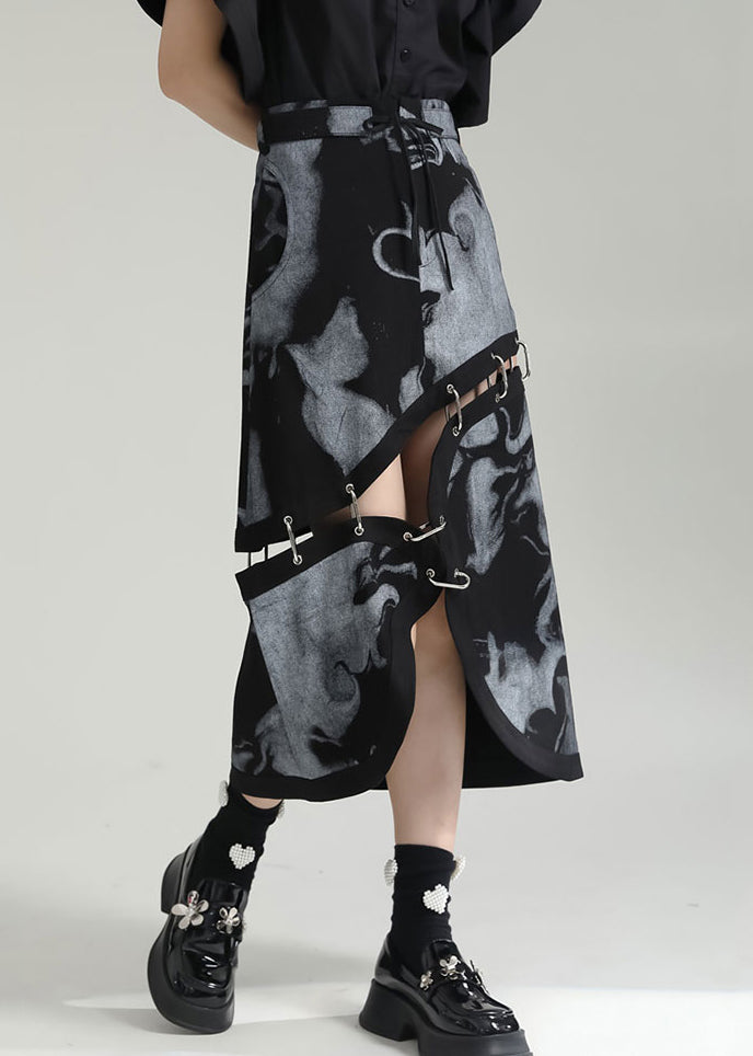 Fashion Grey Asymmetrical Print Pockets Patchwork Cotton Skirt Fall