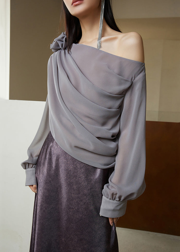 Fashion Grey Asymmetrical Solid Chiffon Shirt Long Sleeve