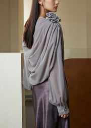 Fashion Grey Asymmetrical Solid Chiffon Shirt Long Sleeve