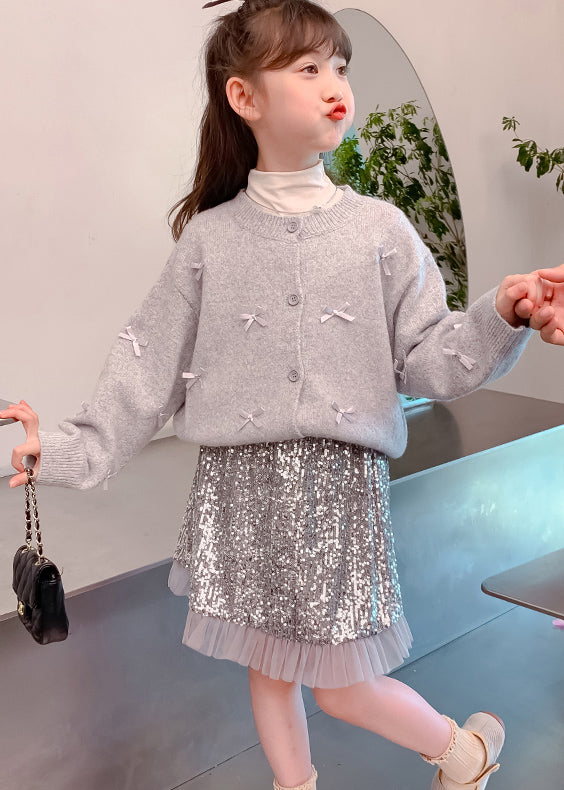 Fashion Grey Bow Cotton Knit Kids Cardigan And Skirts Two Pieces Set Spring