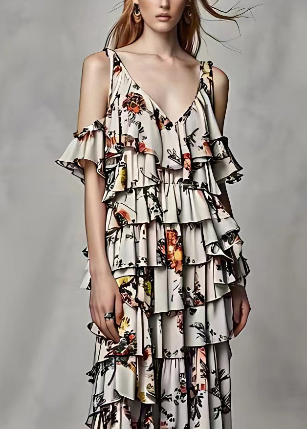 Fashion Grey Cold Shoulder Print Silk Long Dresses Summer