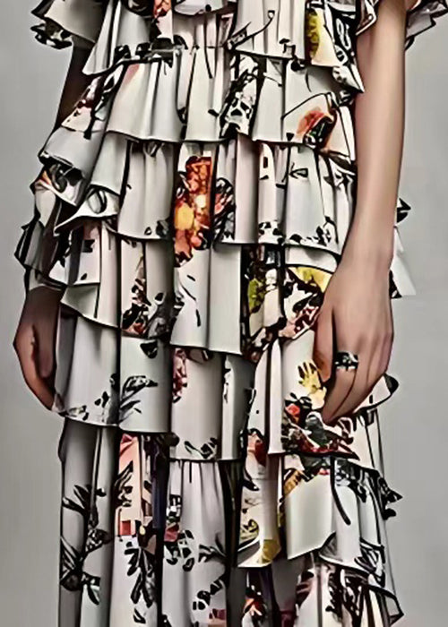 Fashion Grey Cold Shoulder Print Silk Long Dresses Summer