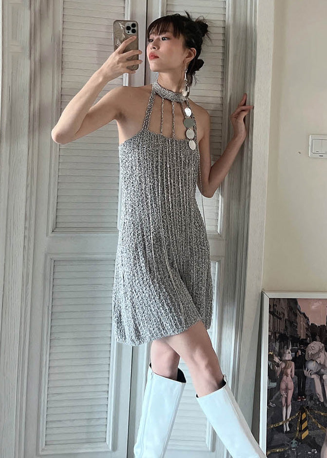 Fashion Grey Cold Shoulder Slim Fit Knit Mid Dress Summer