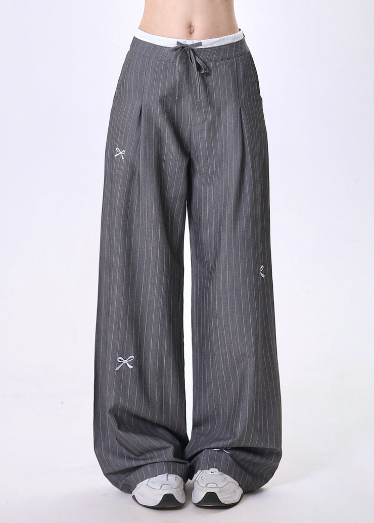 Fashion Grey Embroidered Bow Striped Patchwork Cotton Pants Spring