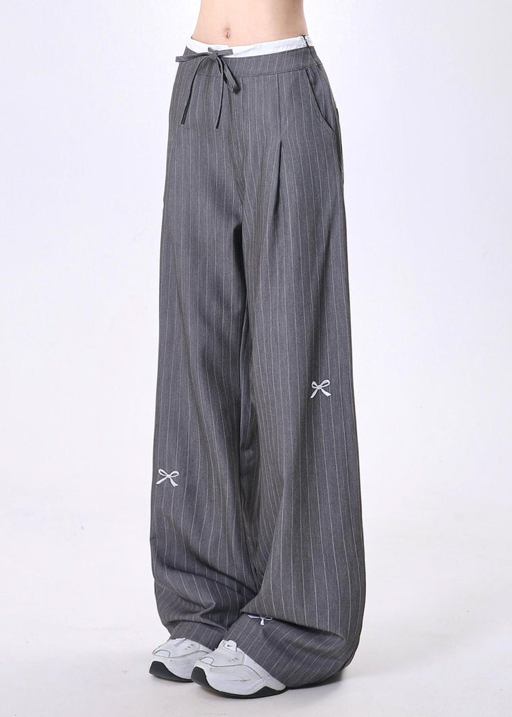 Fashion Grey Embroidered Bow Striped Patchwork Cotton Pants Spring