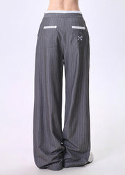 Fashion Grey Embroidered Bow Striped Patchwork Cotton Pants Spring