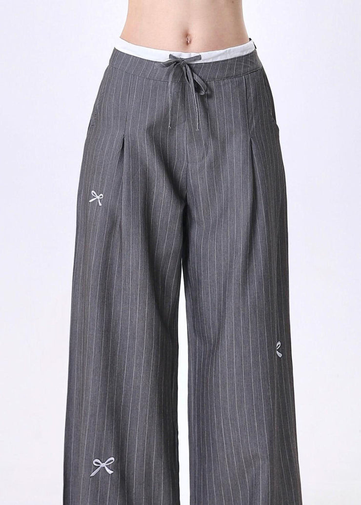 Fashion Grey Embroidered Bow Striped Patchwork Cotton Pants Spring