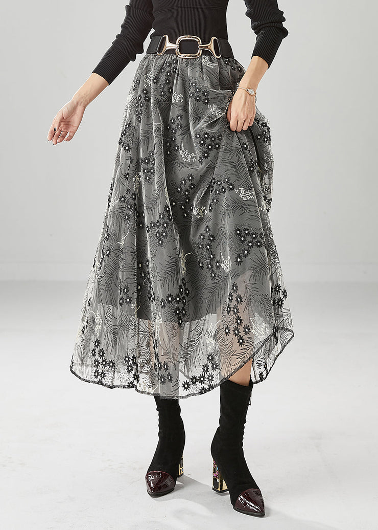 Fashion Grey Embroidered Exra Large Hem Tulle Skirts Fall