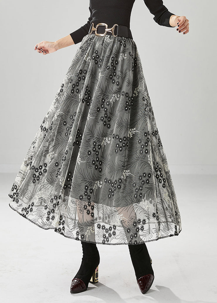 Fashion Grey Embroidered Exra Large Hem Tulle Skirts Fall