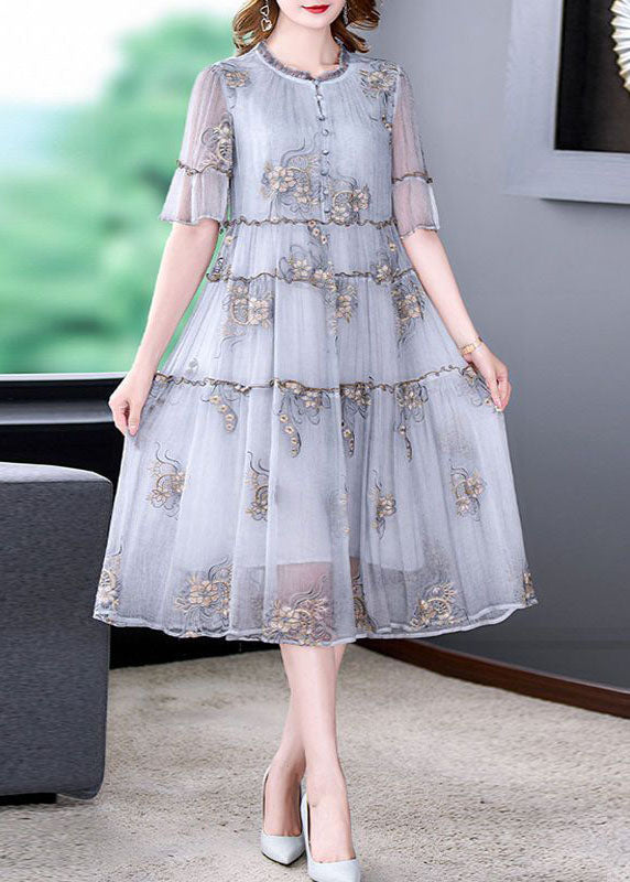 Fashion Grey Embroideried Ruffled Exra Large Hem Silk Holiday Dress Summer