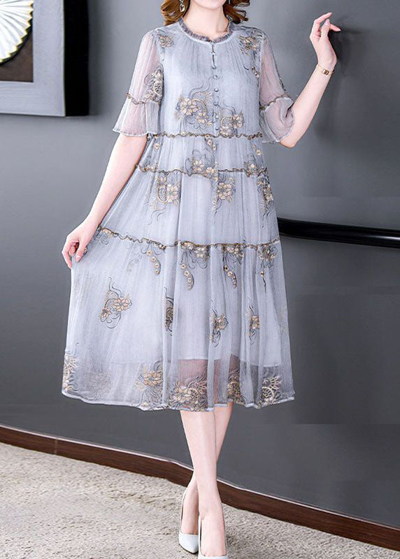 Fashion Grey Embroideried Ruffled Exra Large Hem Silk Holiday Dress Summer