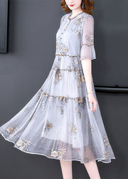 Fashion Grey Embroideried Ruffled Exra Large Hem Silk Holiday Dress Summer