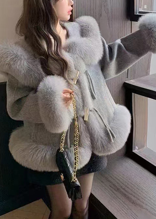 Fashion Grey Fox Collar Patchwork Woolen Short Coat Spring