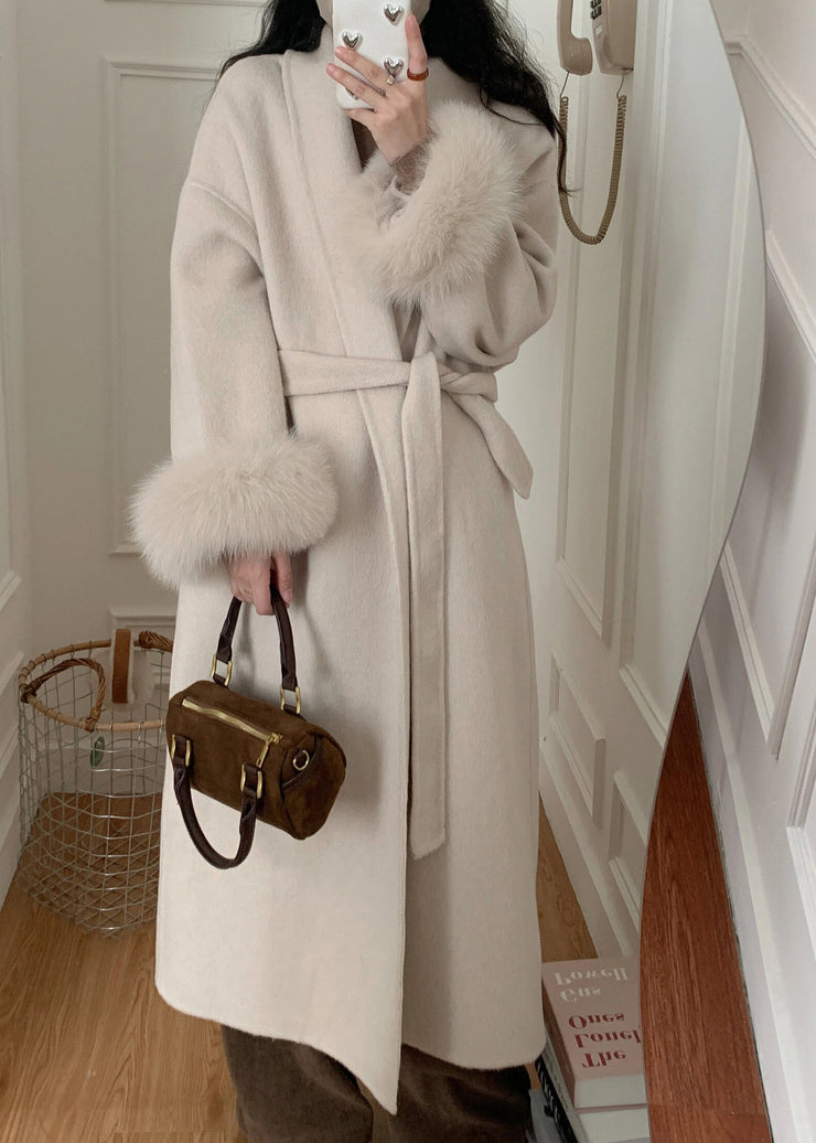 Fashion Grey Fox Fur Patchwork Woolen Duster Coat Winter