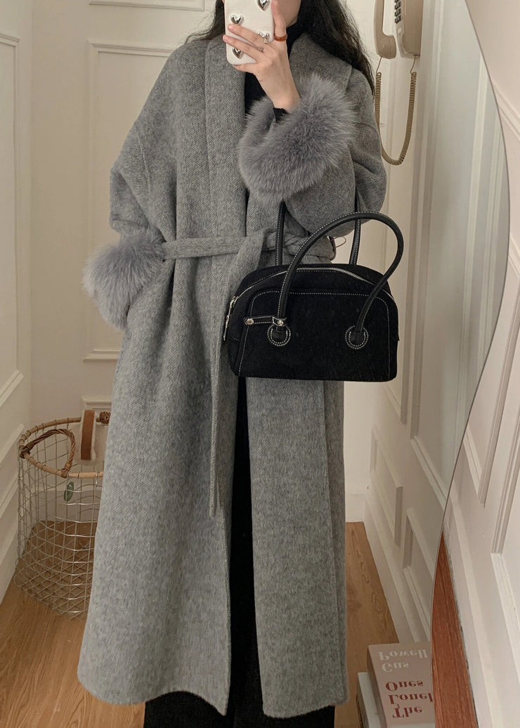 Fashion Grey Fox Fur Patchwork Woolen Duster Coat Winter