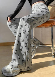 Fashion Grey High Waist Cartoon Print Cotton Flared Trousers Spring