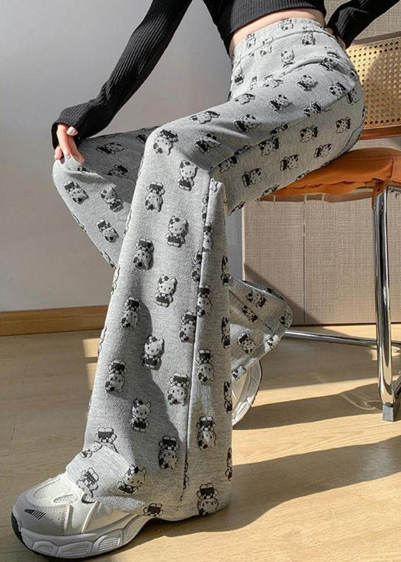 Fashion Grey High Waist Cartoon Print Cotton Flared Trousers Spring