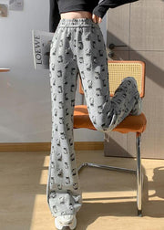 Fashion Grey High Waist Cartoon Print Cotton Flared Trousers Spring