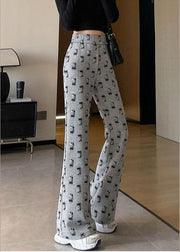 Fashion Grey High Waist Cartoon Print Cotton Flared Trousers Spring