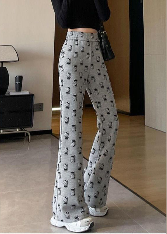 Fashion Grey High Waist Cartoon Print Cotton Flared Trousers Spring