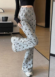 Fashion Grey High Waist Cartoon Print Cotton Flared Trousers Spring