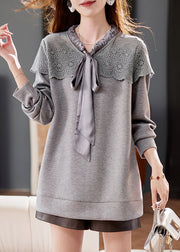 Fashion Grey Lace Up Embroidered Patchwork Cotton Tops Spring