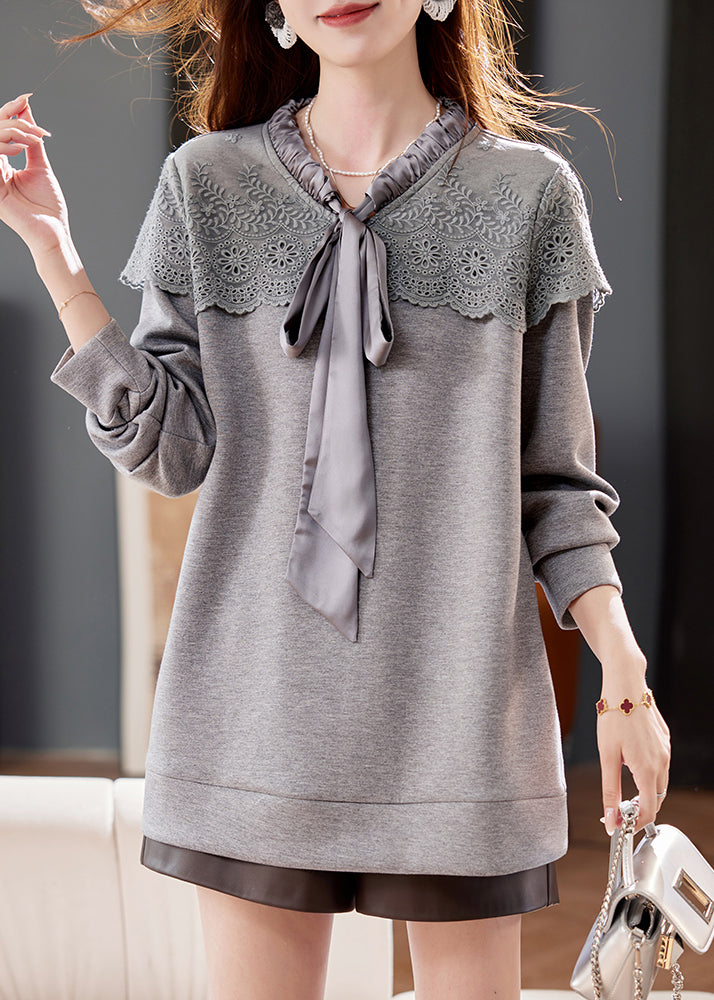 Fashion Grey Lace Up Embroidered Patchwork Cotton Tops Spring