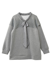 Fashion Grey Lace Up Embroidered Patchwork Cotton Tops Spring