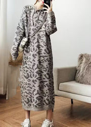 Fashion Grey Leopard Cozy Hoodie Knit Sweater Dress Fall