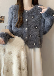 Fashion Grey O Neck Nail Bead Mink Hair Knitted Coat Fall