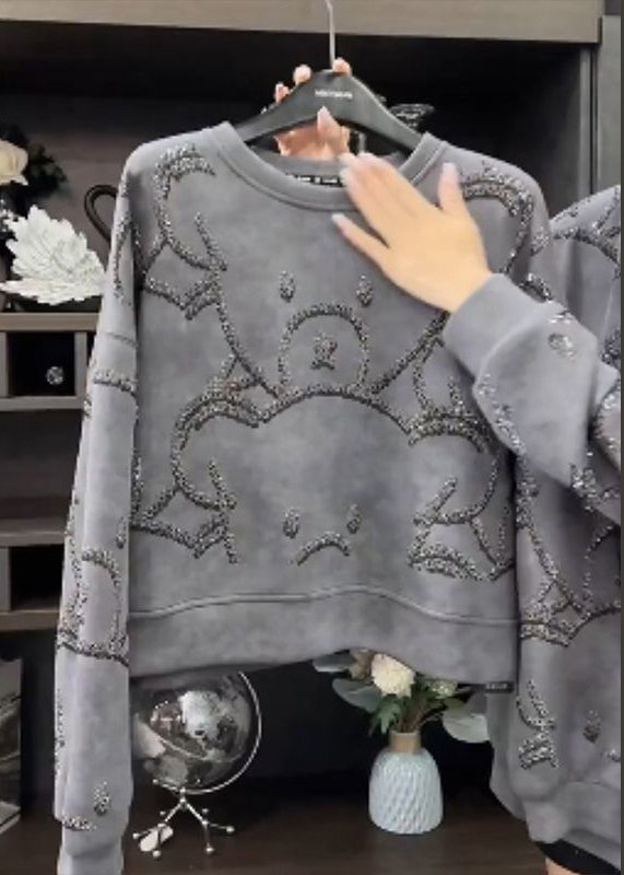 Fashion White flowers O-Neck Sequins Sweatshirt Spring