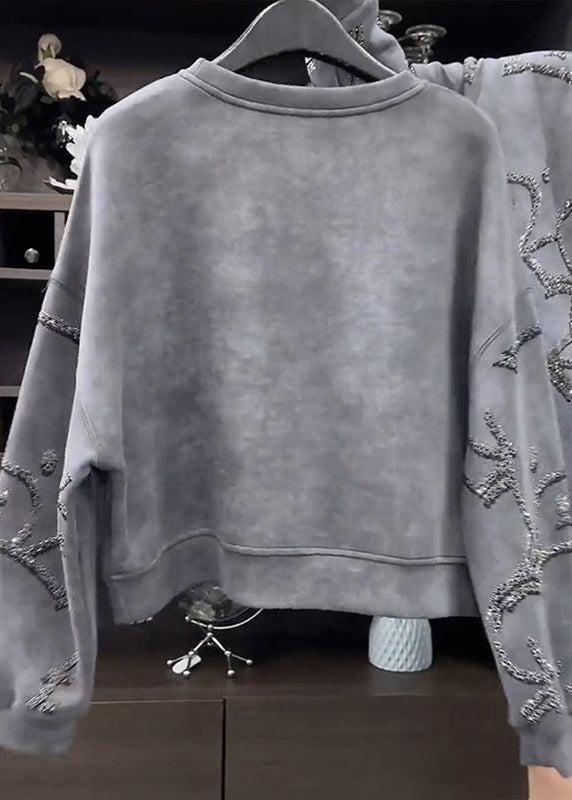 Fashion Grey O-Neck Sequins Sweatshirt Fall