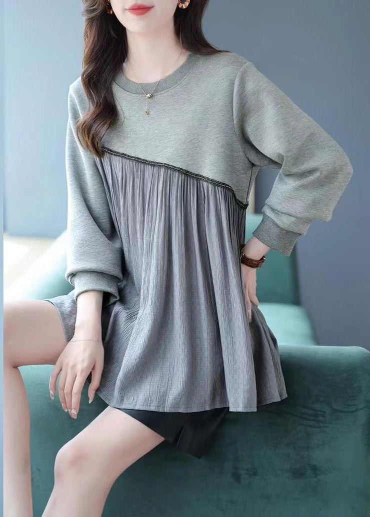 Fashion Grey O-Neck Wrinkled Patchwork Sweatshirt Spring