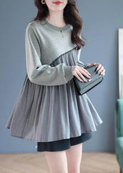 Fashion Grey O-Neck Wrinkled Patchwork Sweatshirt Spring