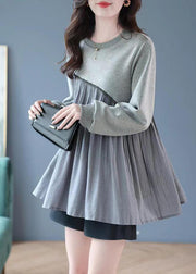 Fashion Grey O-Neck Wrinkled Patchwork Sweatshirt Spring