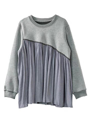 Fashion Grey O-Neck Wrinkled Patchwork Sweatshirt Spring