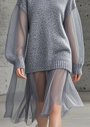 Fashion Grey Oversized Patchwork Tulle Knitted Dress Fall