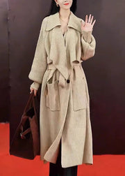 Fashion Grey Peter Pan Collar Pockets Tie Waist Knit Long Coats Winter