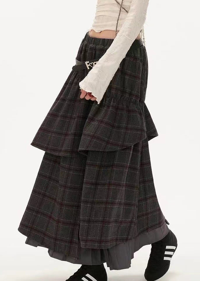 Fashion Grey Plaid False Two Pieces Patchwork Cotton Skirts Spring